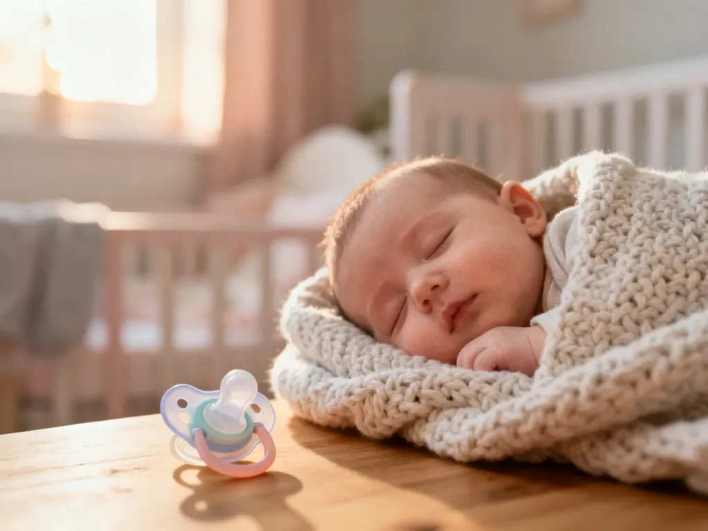 Śpiący noworodek obok ortodontycznego smoczka w przytulnym pokoju dziecięcym.
