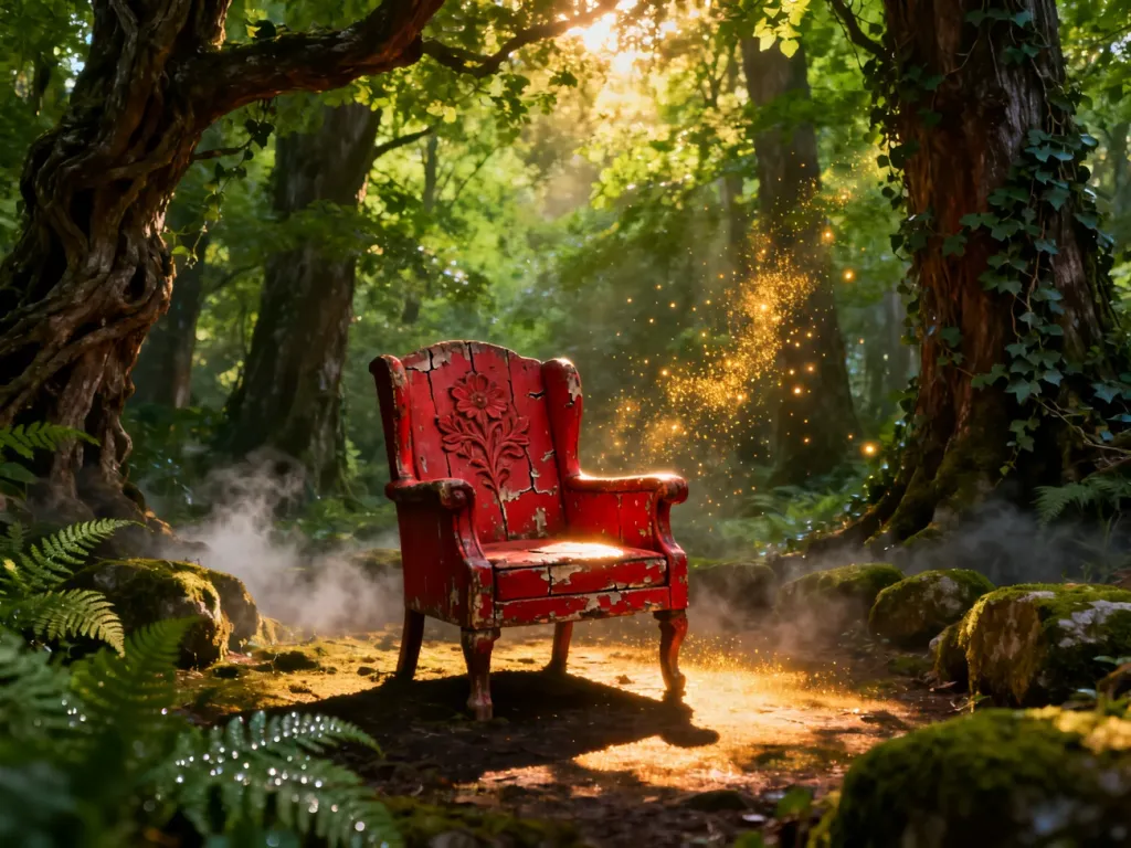 Magiczne, czerwone krzesło stojące na polanie w środku tajemniczego, oświetlonego promieniami słońca lasu.