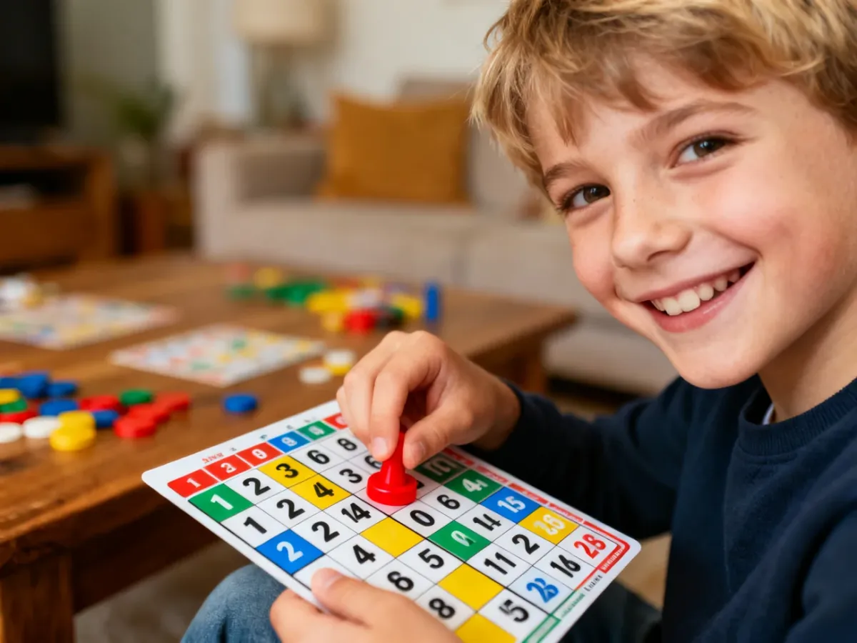 Dziecko z uśmiechem zaznacza numer na kolorowej karcie do gry w bingo za pomocą czerwonego żetonu.