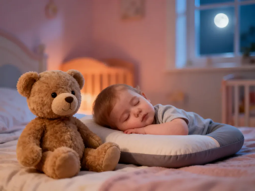 Śpiące trzyletnie dziecko na ergonomicznej poduszce obok pluszowego misia w przytulnym, ciepło oświetlonym pokoju.