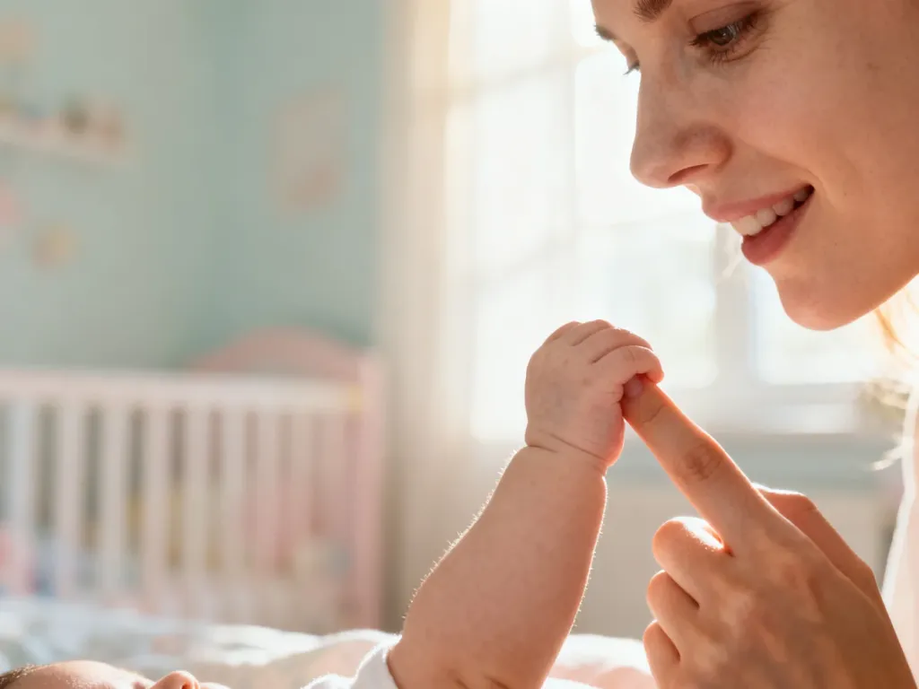 Dłoń niemowlęcia delikatnie trzymająca palec kobiety w jasnym, przytulnym pokoju dziecięcym.