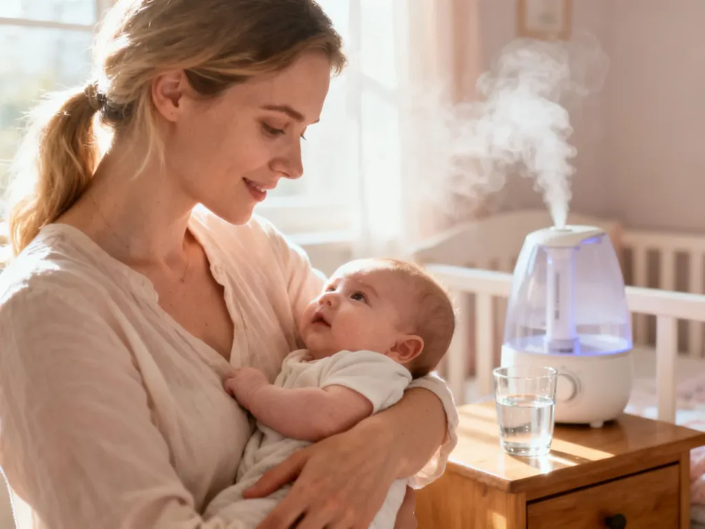 Zatroskana mama przytula niemowlę w przytulnym pokoju z nawilżaczem powietrza, dbając o komfort i zdrowie dziecka.