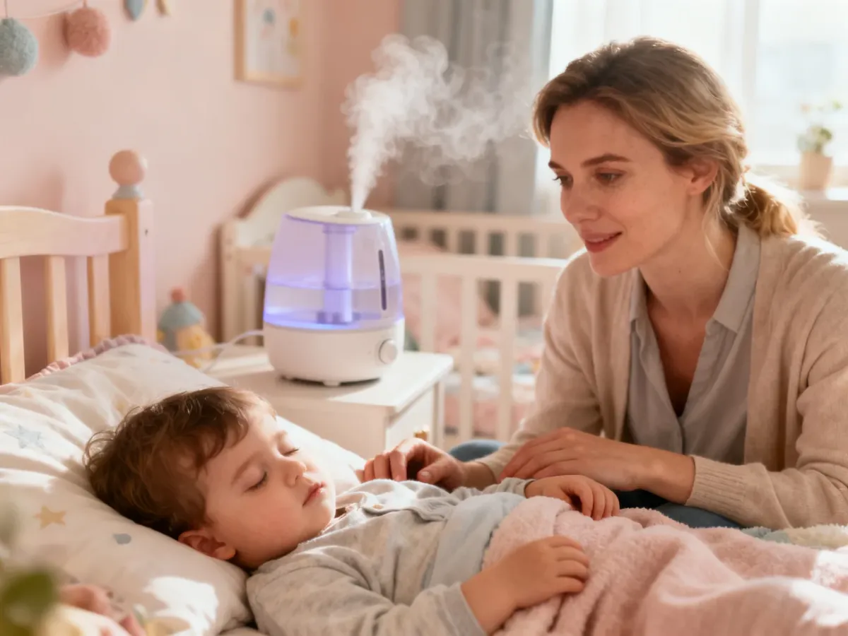 Zatroskana mama przy dziecku w sypialni z włączonym nawilżaczem powietrza, tworzącym kojącą atmosferę podczas choroby.