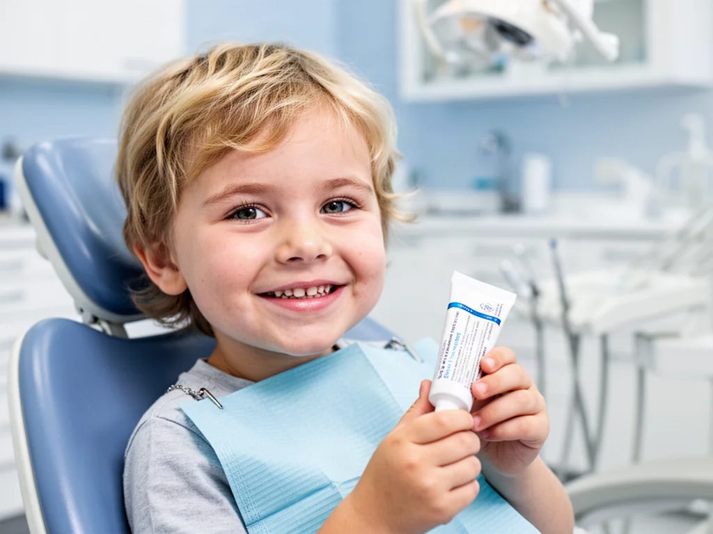 Uśmiechnięte dziecko na fotelu dentystycznym trzyma tubkę preparatu Tooth Mousse w nowoczesnym gabinecie stomatologicznym.