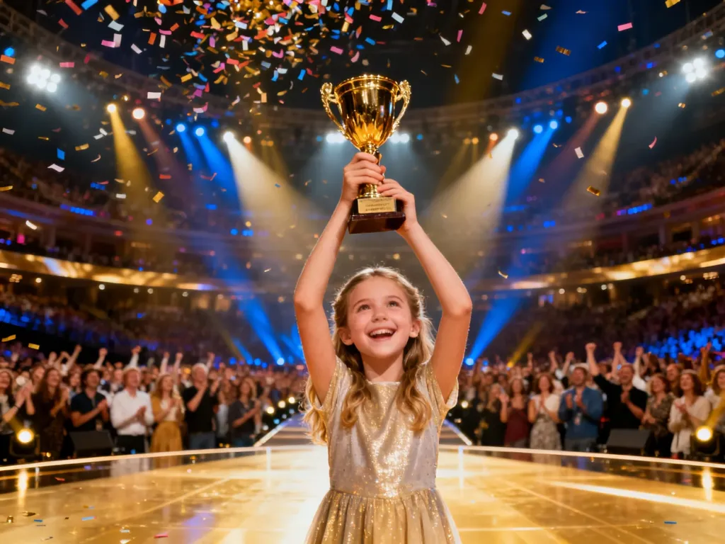 Młoda zwyciężczyni Eurowizji Junior z radością unosi złote trofeum na oświetlonej scenie w otoczeniu spadającego konfetti.