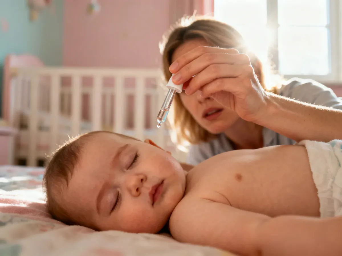 Zatroskana matka podaje lek za pomocą kroplomierza śpiącemu rocznemu dziecku w przytulnym pokoju dziecięcym.