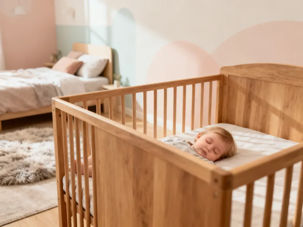 Roczne dziecko śpiące spokojnie w bezpiecznym, drewnianym łóżeczku w przytulnym, minimalistycznym pokoju dziecięcym.