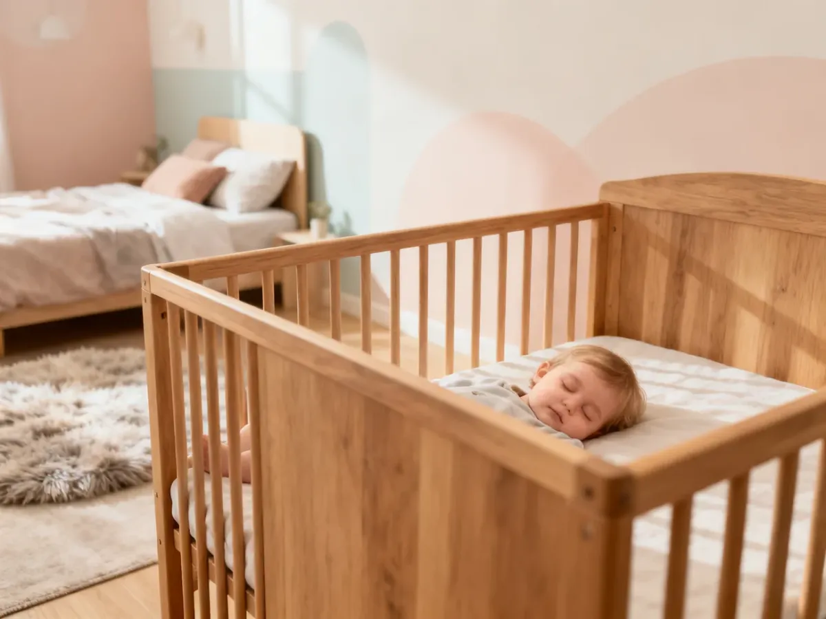 Roczne dziecko śpiące spokojnie w bezpiecznym, drewnianym łóżeczku w przytulnym, minimalistycznym pokoju dziecięcym.