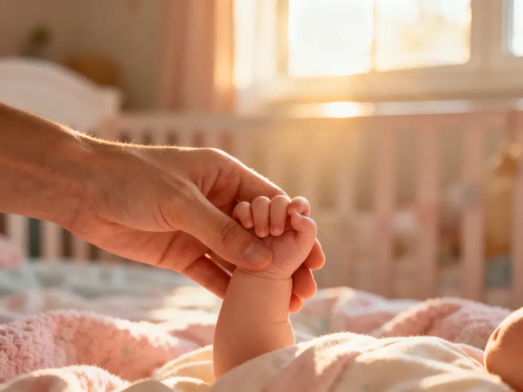 Dłoń rodzica delikatnie trzymająca małą rączkę niemowlęcia, symbolizująca bliskość i budowanie więzi.
