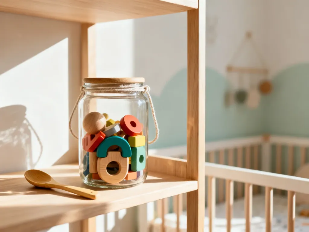 Szklany słoik z ekologicznymi drewnianymi zabawkami na półce w pokoju dziecięcym, promujący ideę zero waste.