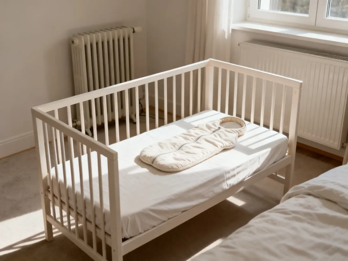 Minimalistycznie przygotowane łóżeczko z materacem, prześcieradłem i śpiworkiem