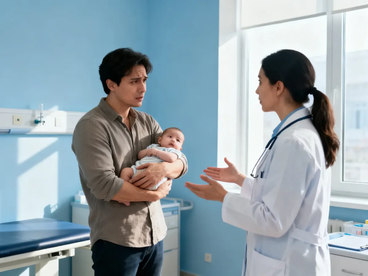 Rodzic konsultujący z pediatrą niepokojący płacz niemowlęcia