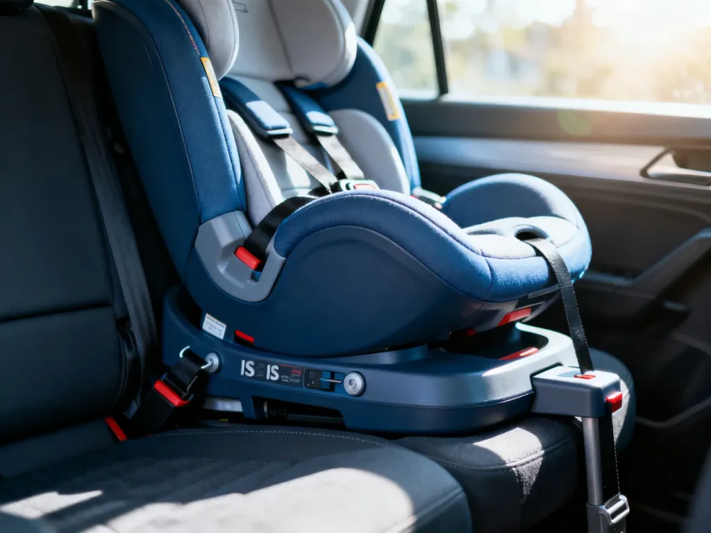 Baza fotelika dziecięcego z widocznymi punktami montażowymi ISOFIX na tylnym siedzeniu samochodu.
