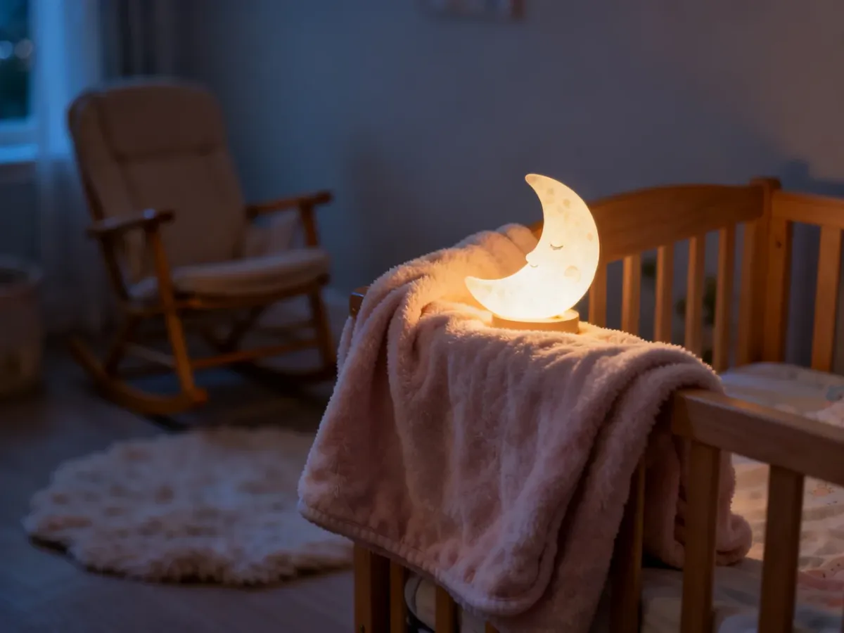 Przytulny pokój dziecięcy w nocy z delikatnym oświetleniem, tworzący spokojną atmosferę sprzyjającą zasypianiu niemowlęcia.
