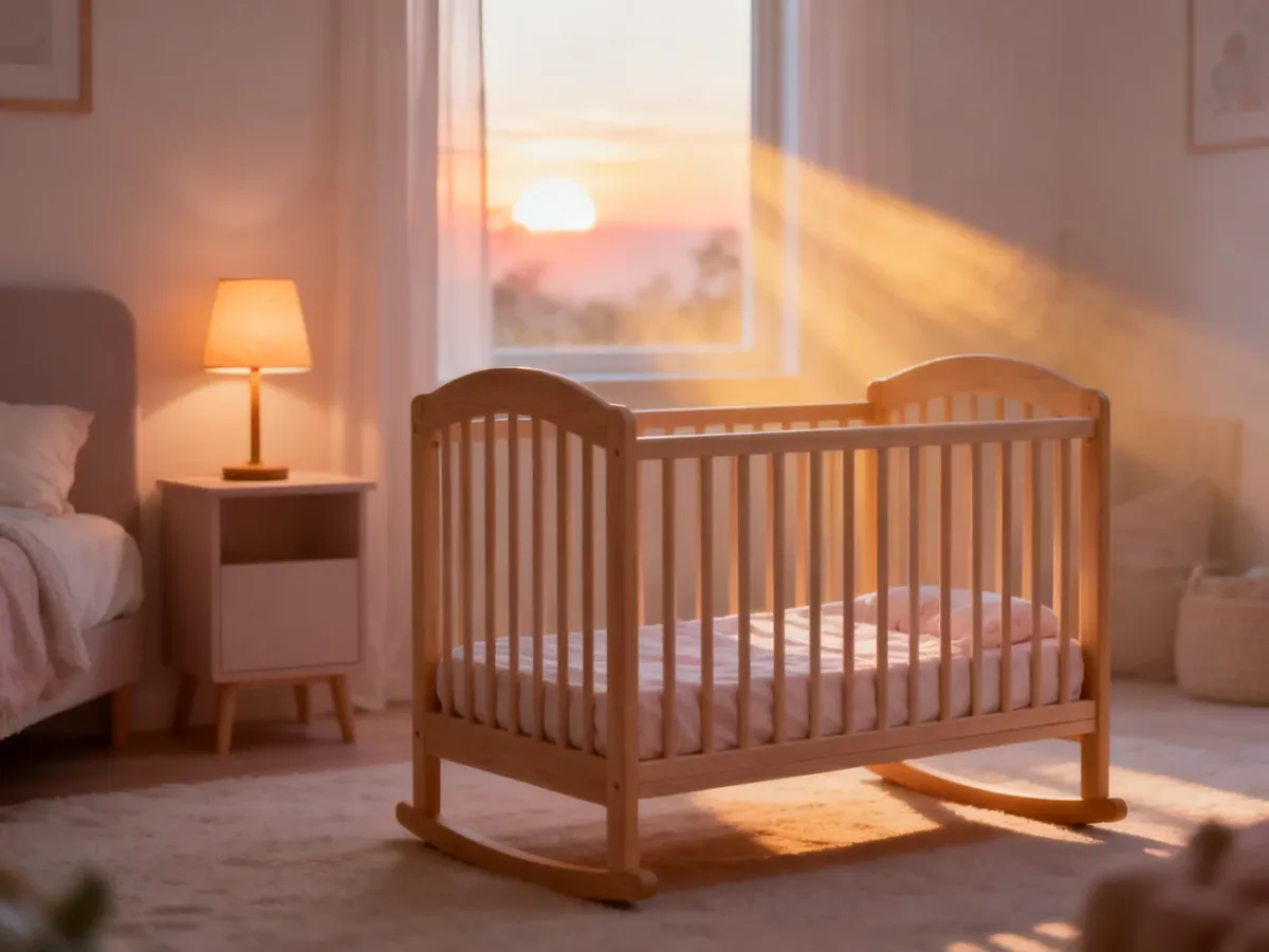 Przytulny, minimalistyczny pokój dziecięcy z kołyską i ciepłym oświetleniem, tworzący spokojną atmosferę oczekiwania na dziecko.