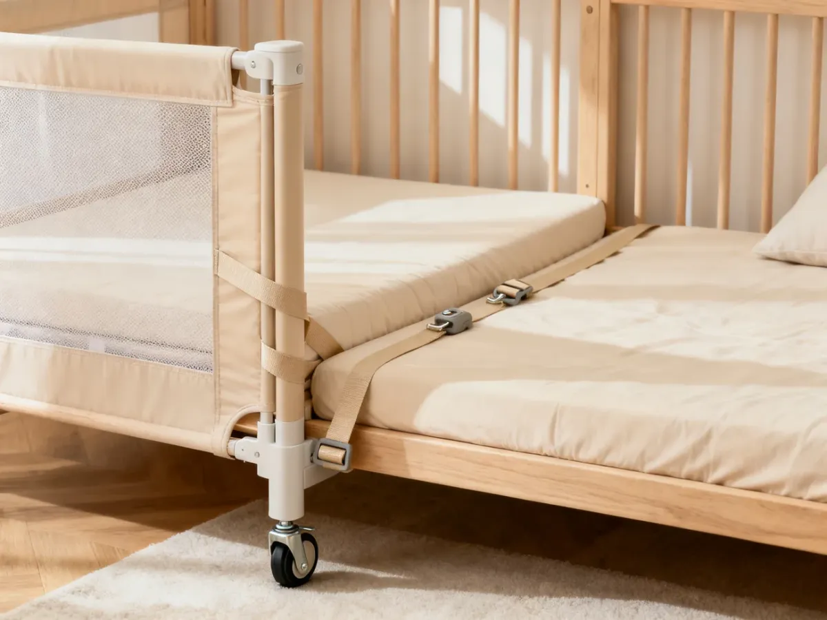 Bezpiecznie zamocowane łóżeczko dostawne z twardym materacem i zablokowanymi kółkami
