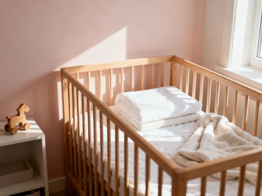 Przytulne, minimalistyczne łóżeczko dziecięce z miękką pościelą w jasnym, słonecznym pokoju.