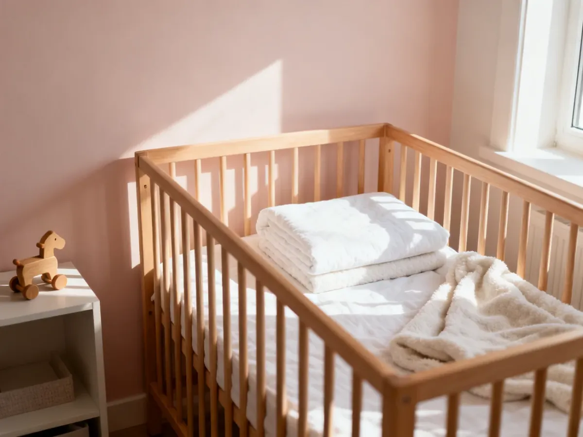 Przytulne, minimalistyczne łóżeczko dziecięce z miękką pościelą w jasnym, słonecznym pokoju.