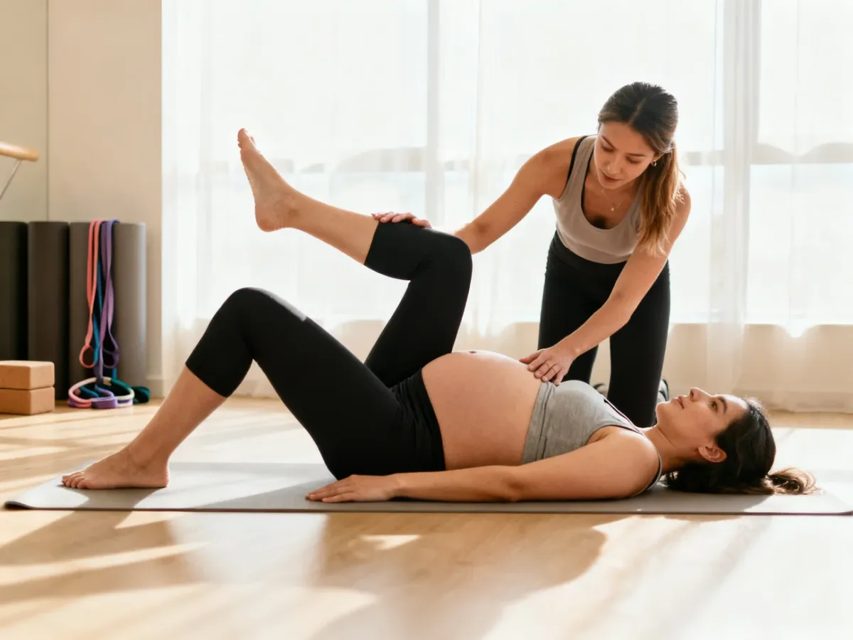 Kobieta w ciąży wykonująca ćwiczenia pilatesu prenatalnego pod okiem instruktorki