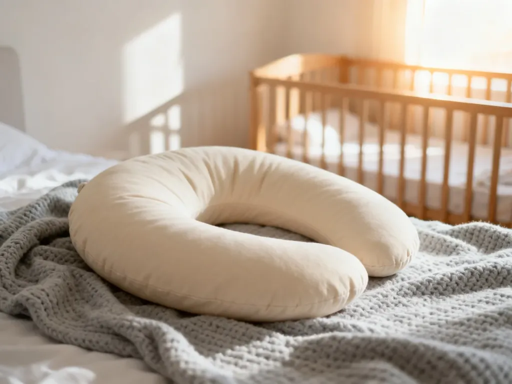 Ergonomiczna poduszka w kształcie litery U na przytulnym kocu w jasnym, słonecznym pokoju dziecięcym.