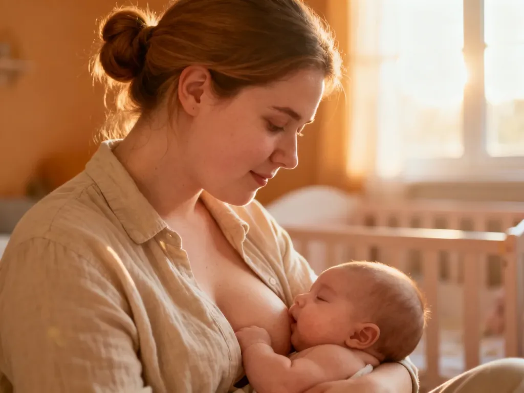 Młoda mama karmiąca niemowlę piersią w przytulnym pokoju, ukazująca bliskość i prawidłową technikę przystawienia.