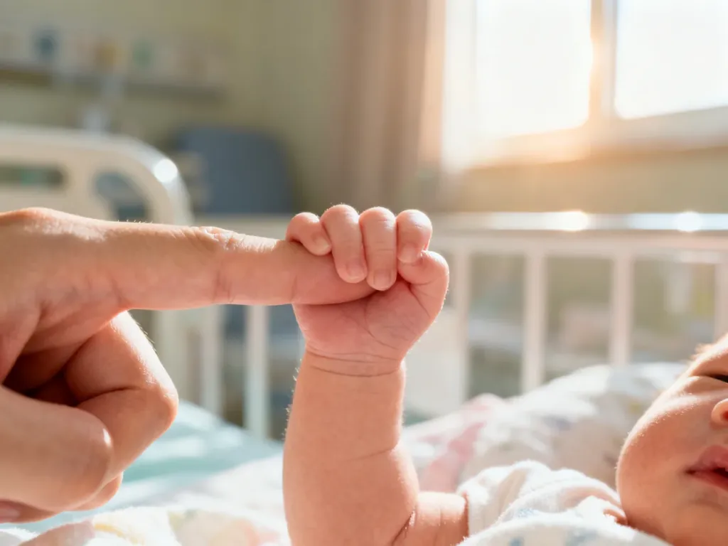 Noworodek trzymający palec dorosłego w przytulnym wnętrzu szpitalnej sali.