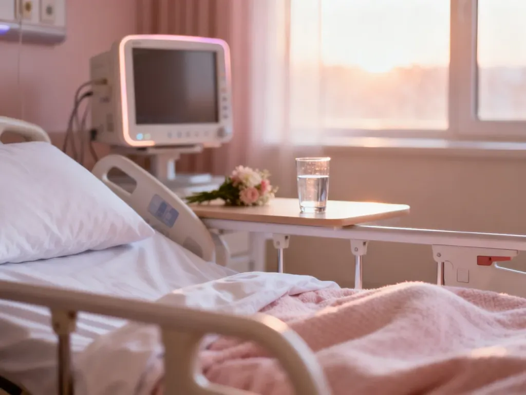 Przytulna sala porodowa w ciepłym świetle, tworząca spokojną i wspierającą atmosferę dla rodzącej kobiety.