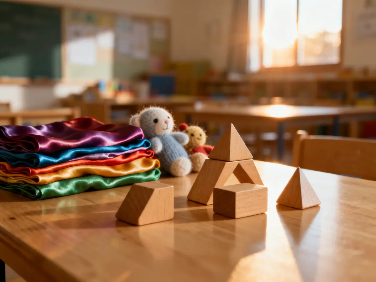 Drewniane pomoce edukacyjne, kolorowe chusty i wełniane zabawki w jasnej, minimalistycznej sali w stylu Montessori i waldorfskim.
