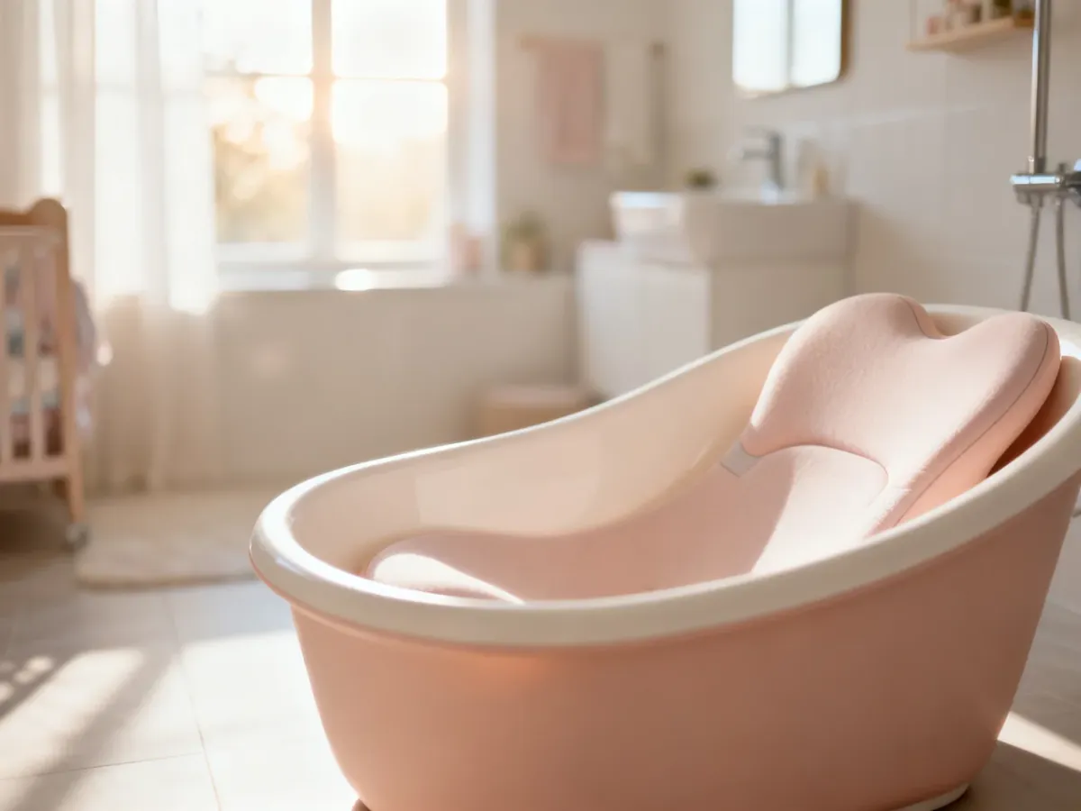 Nowoczesna, ergonomiczna wanienka dziecięca w jasnym, przytulnym wnętrzu łazienki.