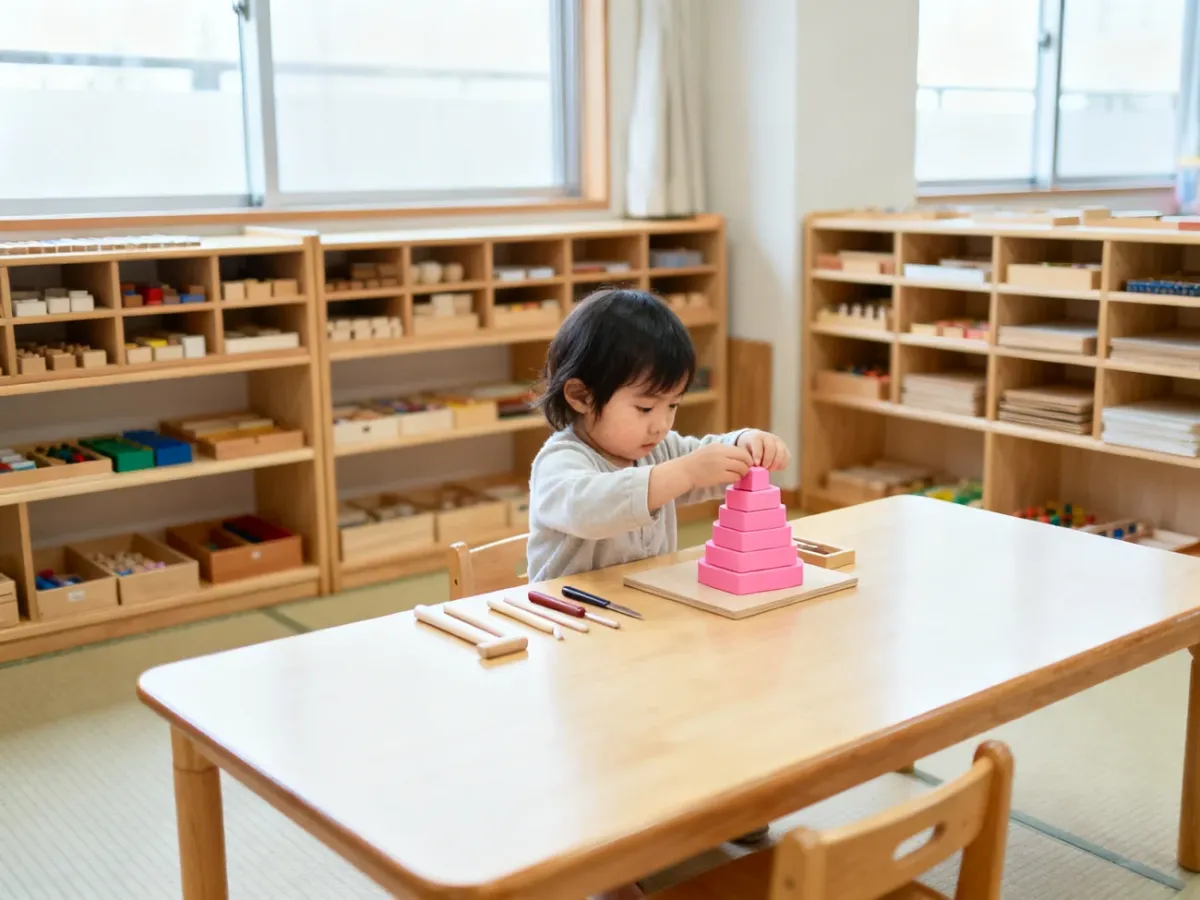 Dziecko samodzielnie pracujące z materiałami Montessori w uporządkowanej sali