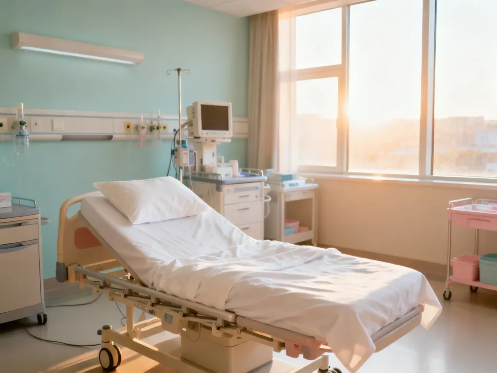 Nowoczesna, przytulna sala porodowa z wygodnym łóżkiem i profesjonalnym wyposażeniem w świetle porannego słońca.