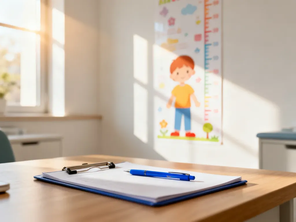 Przytulny gabinet pediatry z podkładką medyczną na biurku i miarką wzrostu w tle, symbolizujący gotowość do opieki nad dzieckiem.
