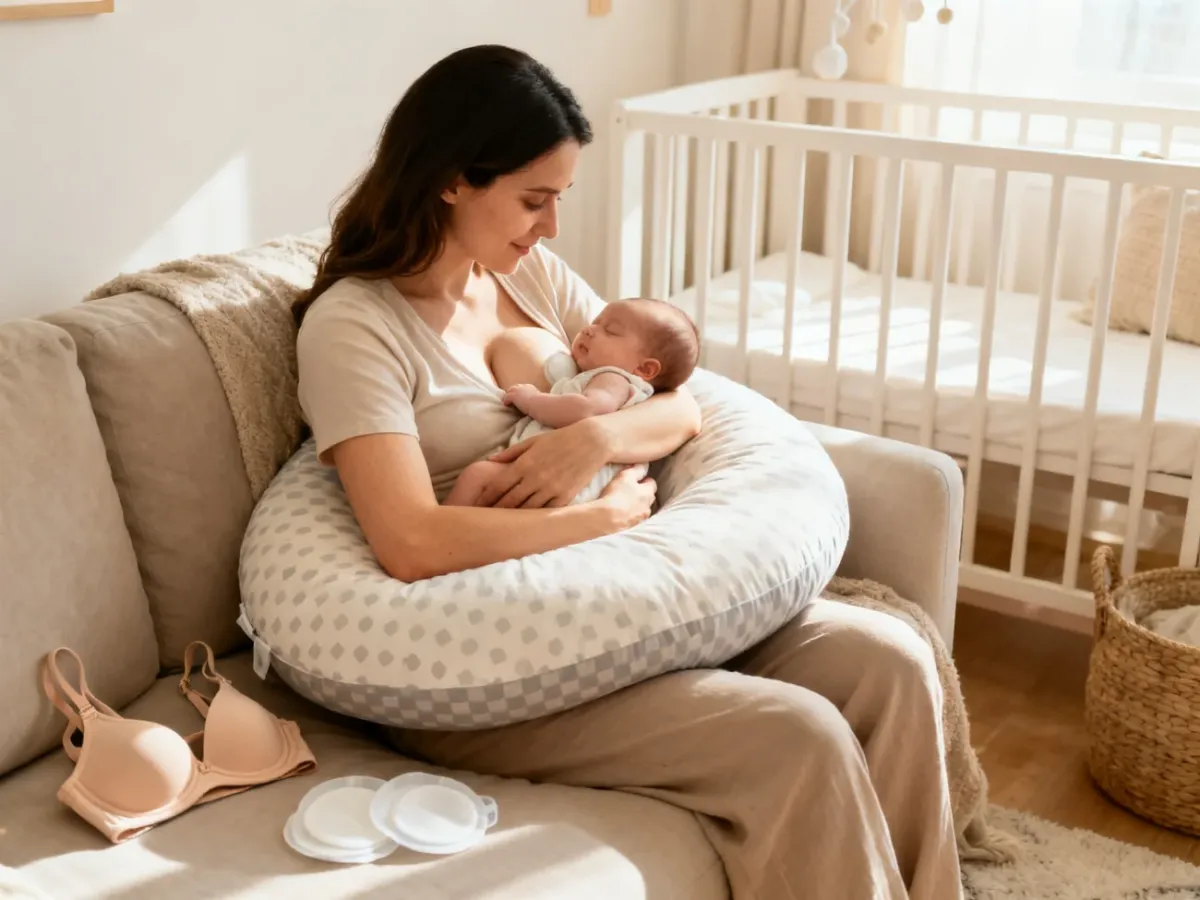 Mama karmiąca niemowlę z użyciem poduszki do karmienia w jasnym pokoju