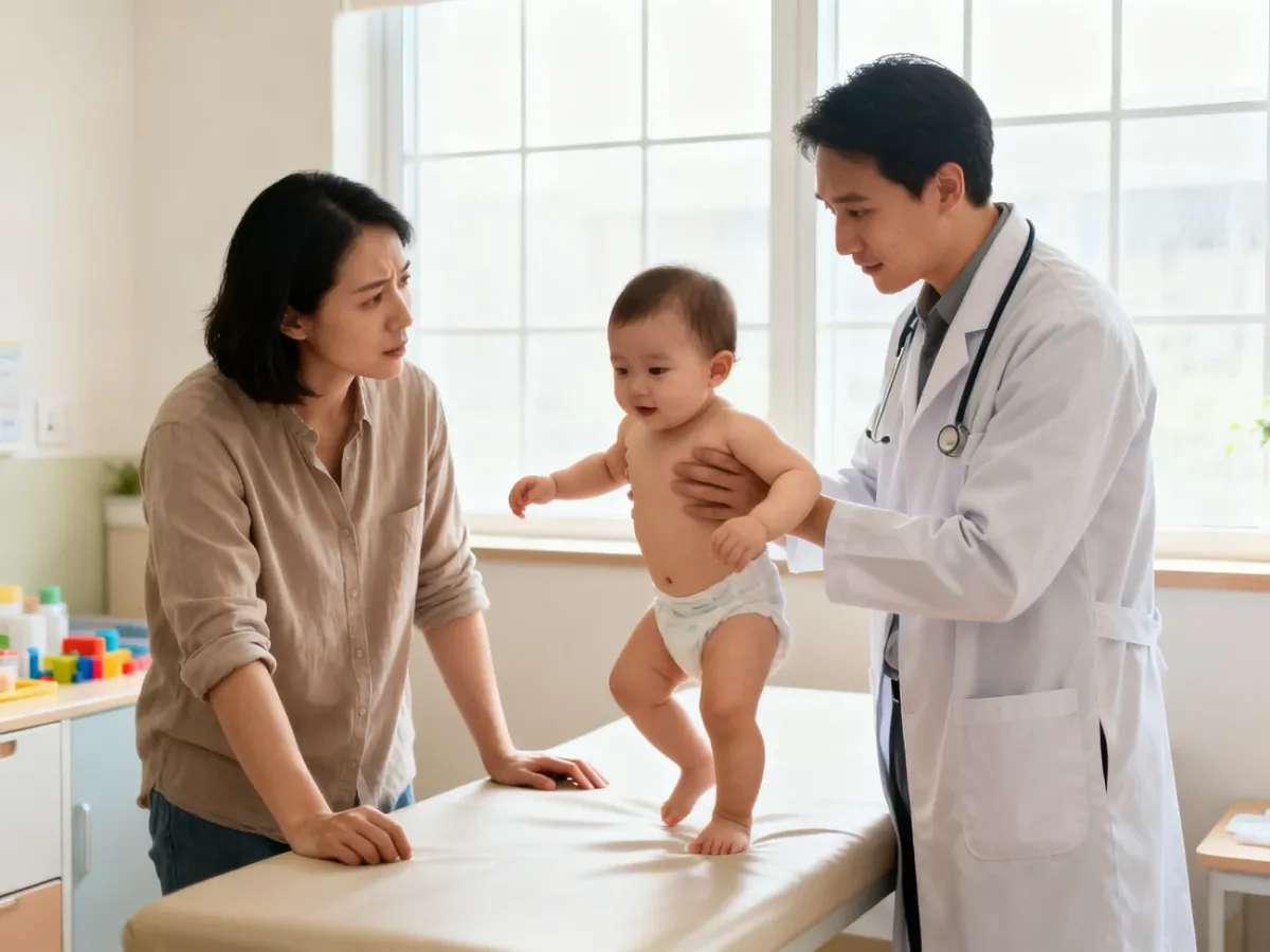 Rodzic konsultujący rozwój ruchowy niemowlęcia z pediatrą