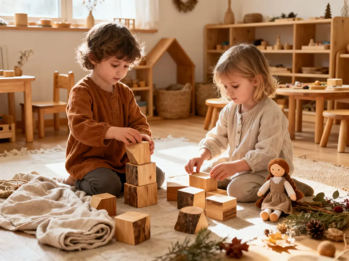 Dzieci bawiące się wyobraźniowo w ciepłej sali waldorfskiej