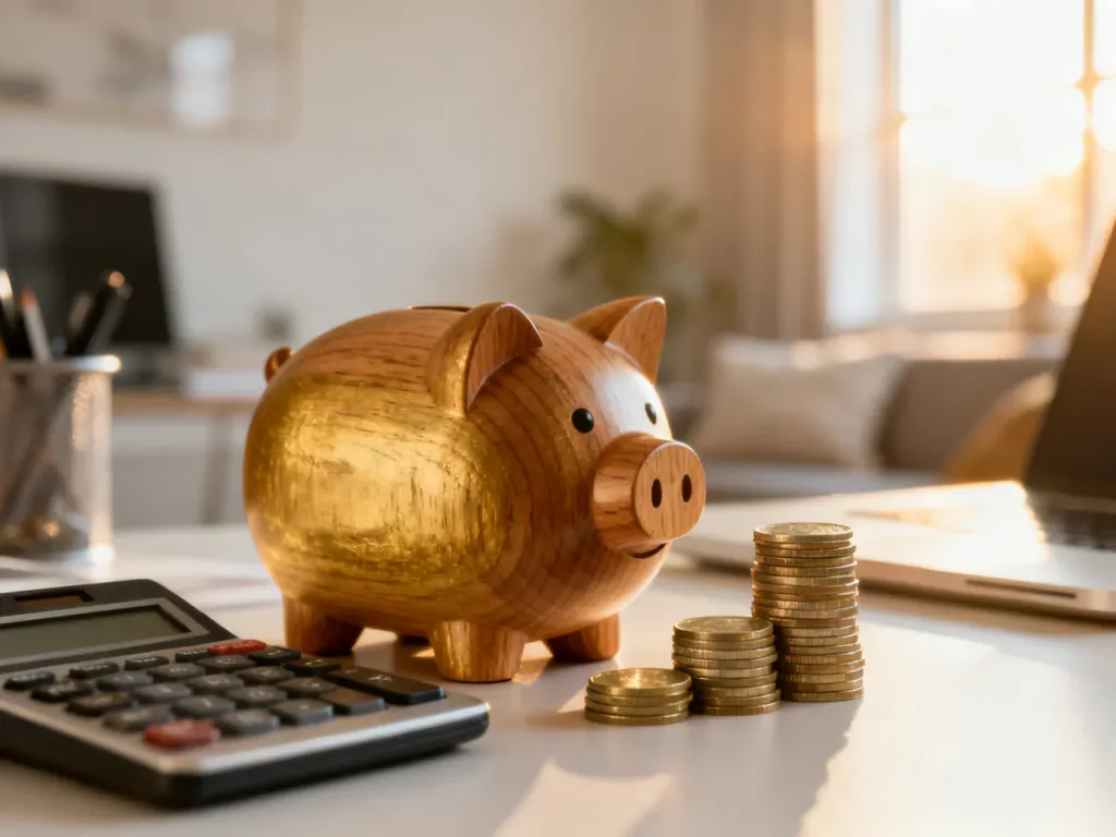 Skarbonka, monety i kalkulator na biurku, symbolizujące planowanie finansowe oraz korzystanie z ulgi na dziecko.