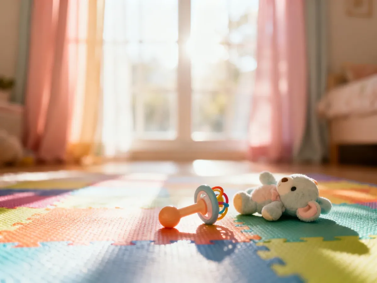 Kolorowa mata edukacyjna z zabawkami w przytulnym, słonecznym pokoju dziecięcym przygotowana do ćwiczeń na brzuszku.